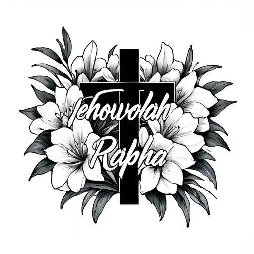  fine line cross that fades into the words "jehovah Rapha" with Lilly flowers surrounding  tattoo design idea