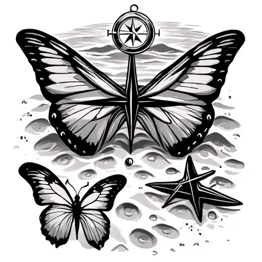 beach with footprints in the sand that turn into 2 butterflies with and anchor lying in the sand and a compass behind it tattoo design idea