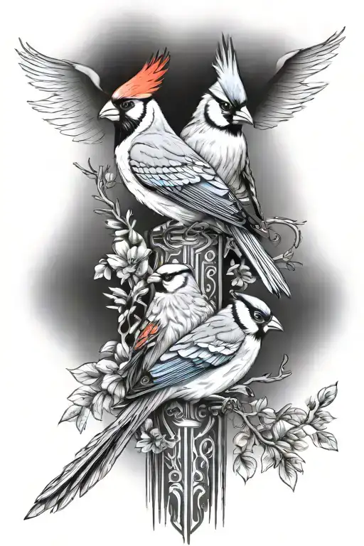 cardinal, blue jay, lilac breasted roller, cedar waxwing, carolina wren, oriole, blackcollar barbet on trippy totem pole tattoo design idea