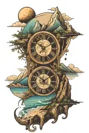 beach, ocean, mountain, clock, space, moon tattoo design idea