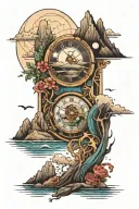 beach, ocean, mountain, clock, space, moon tattoo design idea