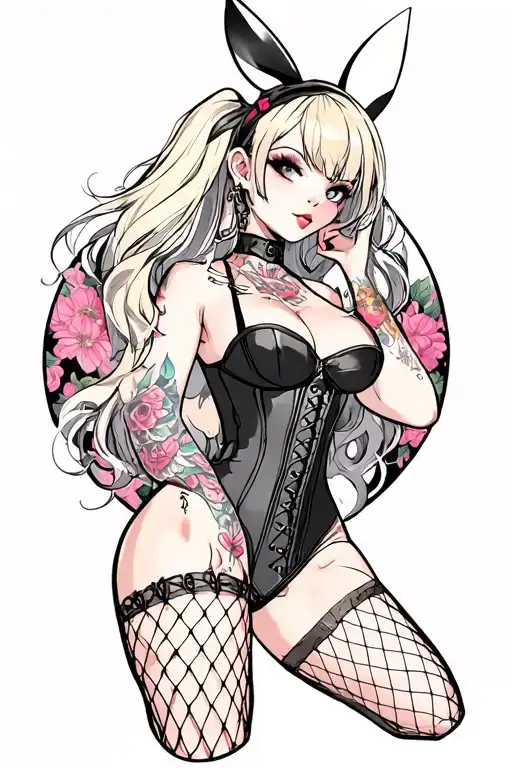 Playboy girl, sexy, wide hips, petite, Huge boobs, corset, fishnet stockings, G-String, cleavage, sissy, pink tattoo design idea
