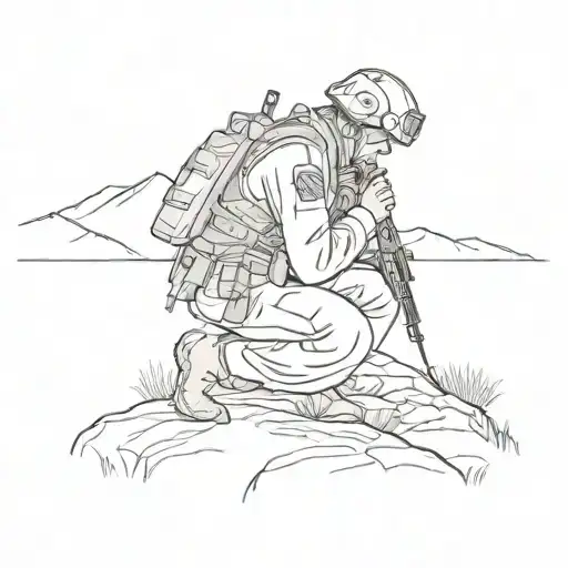 A sketch of a soldier kneeling in prayer with a backdrop of the American landscape tattoo design idea