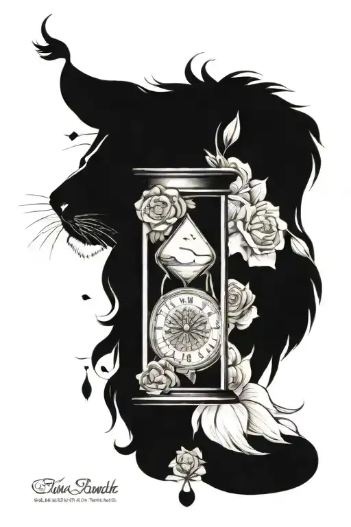 a lion at the bottom, flowers at the top, an hourglass somewhere, and the quote "take the risk or lose the chance" tattoo design idea
