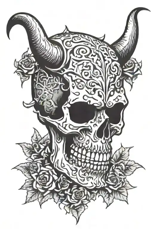 skull and devil horns heavy metal tattoo design idea