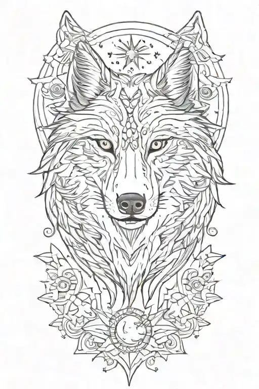 Wolf head with wings and moon sun stars tattoo design idea