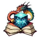 a book, a dragon and a tesseract cube tattoo design idea