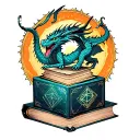 a book, a dragon and a tesseract cube tattoo design idea