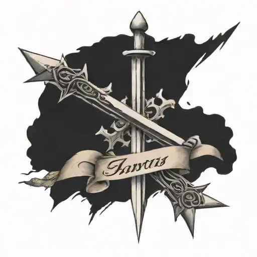 a tattoo on the back of the arm with a simplistic sword with a crown of thorns on top of it, with proverbs 27:17 written tattoo design idea