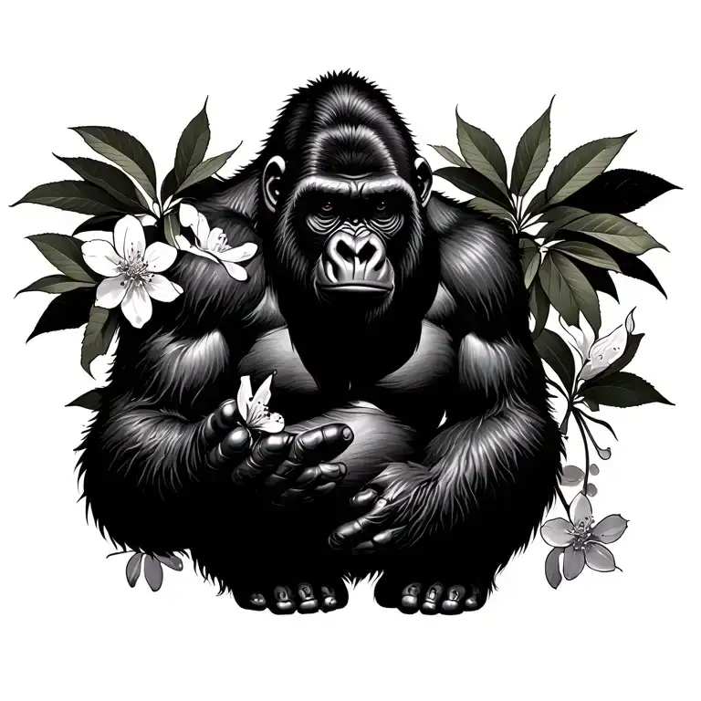 gorilla with cherry blossoms pedals falling tattoo design idea