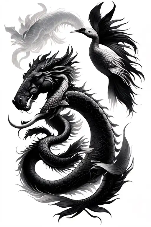 dragon, koi fish, elephant, horse and crane all together tattoo design idea