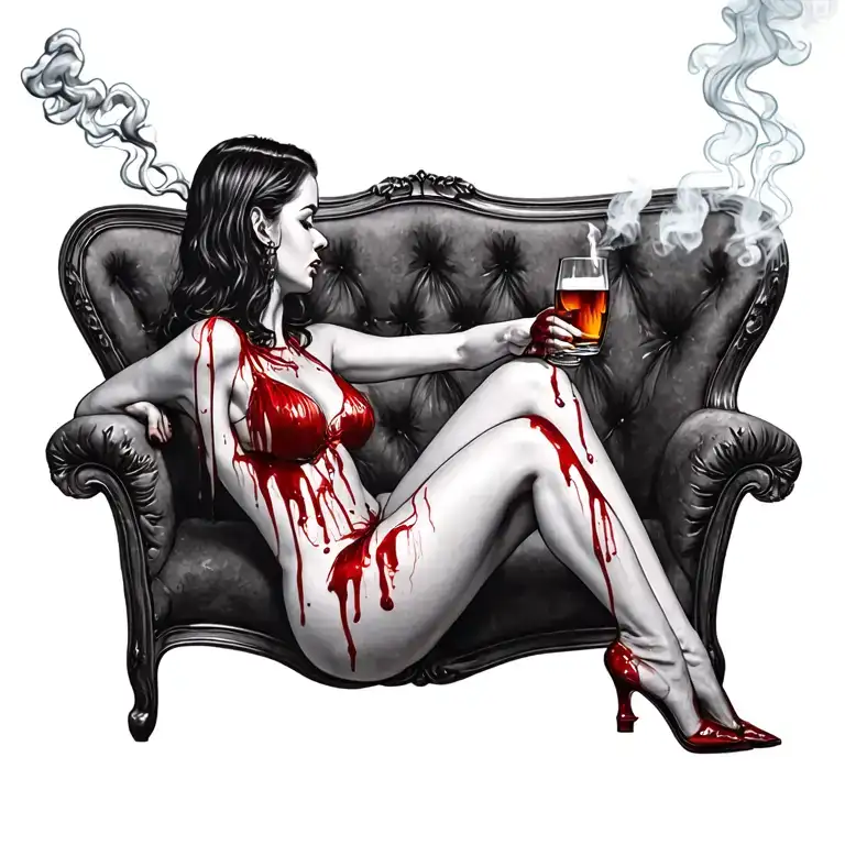 sexy bloody woman sitting alcohol smokes tattoo design idea