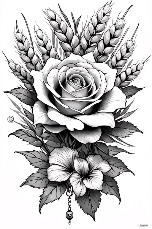 rose,tiger lily,wheat sheave, rosary tattoo design idea