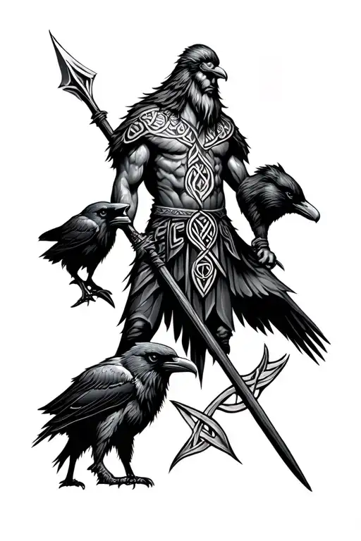 sleeve, Norse tattoo: Odin with spear, two ravens, wolf. Runes, knotwork. Black lines, tribal style tattoo design idea