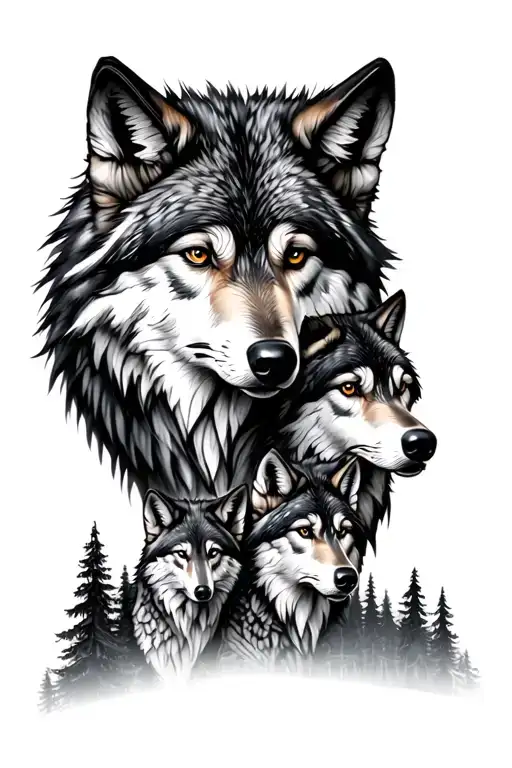 Wolf Family tree mountain range tattoo design idea