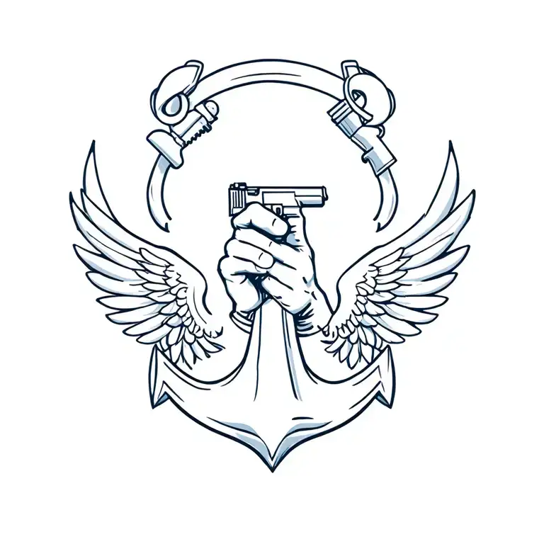 Military tattoo design, anchor (navy), clenched fist with AK-47 (special forces), pilot wings (air force), detailed line tattoo design idea