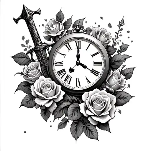 roses blooming, warrior wielding a sword surrounded, clock life is short, live life like it's your last day tattoo design idea