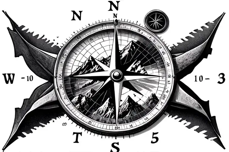 a compass with a mountain image on the dial and a wind rose, with North and the numbers 1, 10 and 24 replacing East, Sou tattoo design idea
