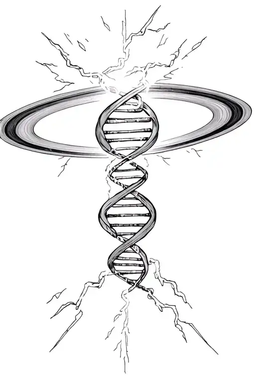 A tattoo with the image of a woven DNA chain surrounded by the rings of Saturn. Lightning of uranium passes through the composition. tattoo design idea