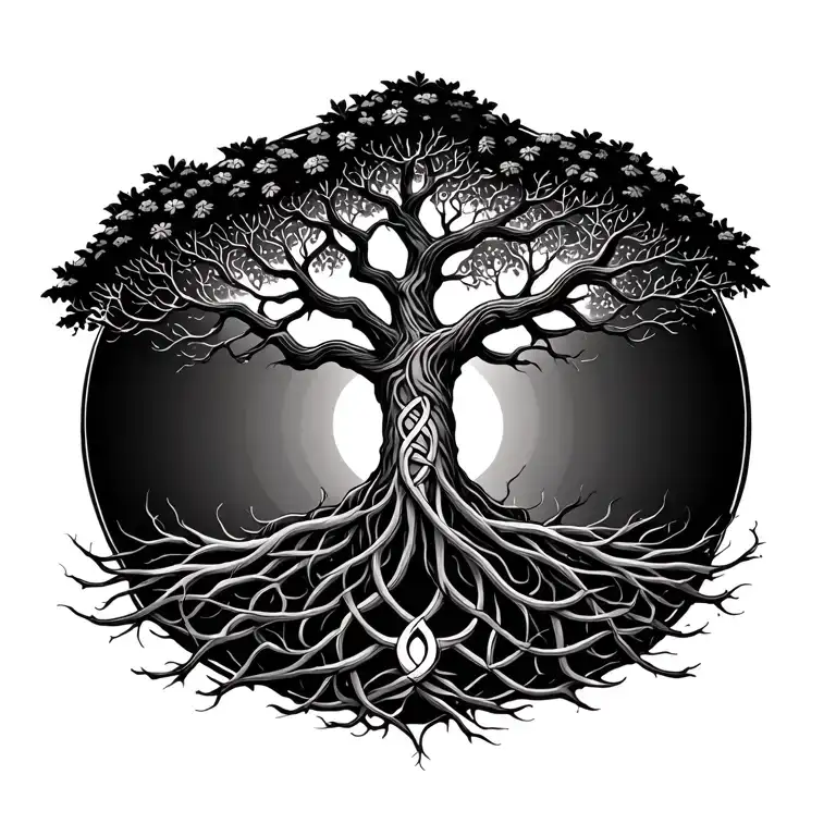 A Tree of Life with branches and roots spreading across your back, integrated with knotwork tattoo design idea