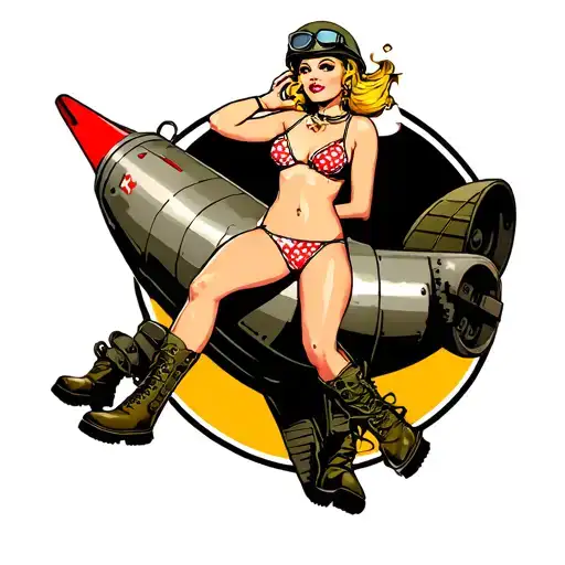 sailor Jerry style pinup posing on WWII missile, bikini, combat boots, army helmet with goggles, blonde windblown tattoo design idea