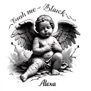 Make me a tattoo of a stone baby angel with cracks and a broken angel with the name alexa tattoo design idea