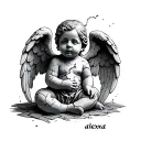 Make me a tattoo of a stone baby angel with cracks and a broken angel with the name alexa tattoo design idea