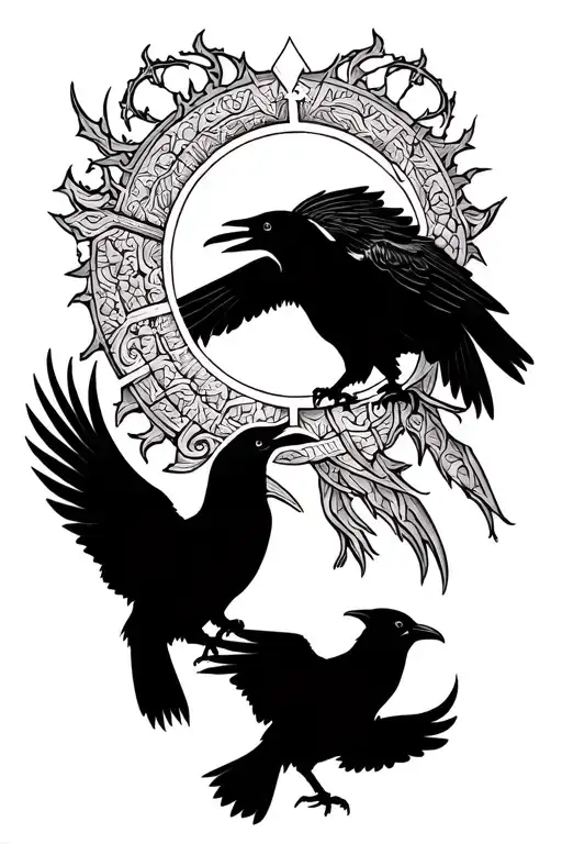 Create a blackwork Norse tattoo in Urnes style. Central focus is a Vegvisir, with two Viking ravens (Huginn and Muninn)  tattoo design idea
