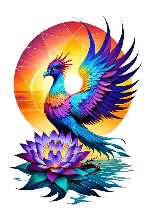 sunset coloured phoenix, purple lotus, semi symmetrical, sacred geometry tattoo design idea
