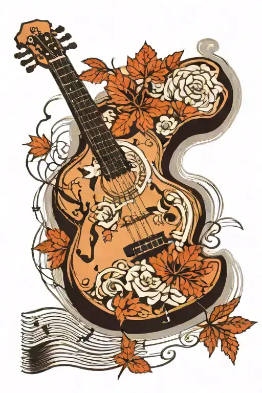 guitar, violin, keyboard, sheet music and maple leaf tattoo design idea