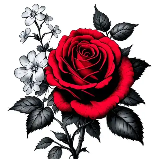 red and black roses with forget-me-not flowers tattoo design idea