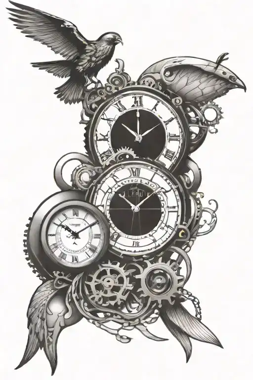 adventure paragliding clock mechanism intertwined tattoo design idea