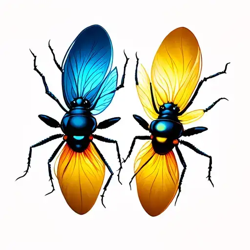 Two fireflies- one with a blue light and one with a yellow light tattoo design idea