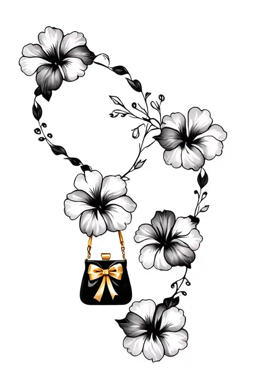 multiple black and grey hibiscus flowers around black purse and gold bow tattoo design idea