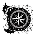  A circular design combining a nautical compass with celestial elements. The compass rose is the central feature, with c tattoo design idea