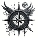  A circular design combining a nautical compass with celestial elements. The compass rose is the central feature, with c tattoo design idea