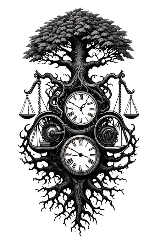gothic tree of life with midevil roots intertwined with v-twin motor, libra scales and a clock tattoo design idea