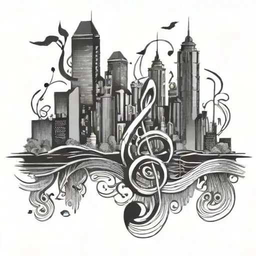music notes, city skyline, river tattoo design idea