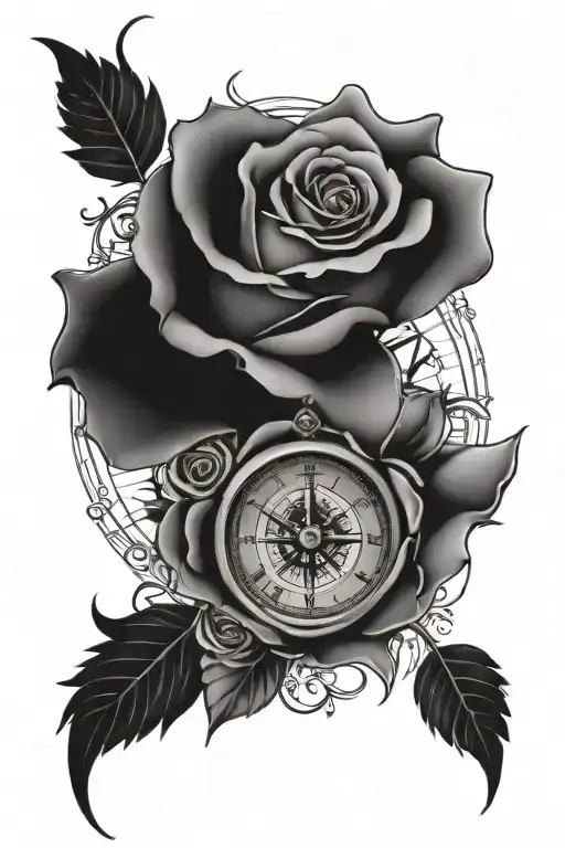 rose,mounts,compass,roman numeral clock face merged tattoo design idea