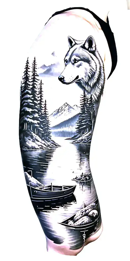 A black an grey tattoo of a river mountain forest lake boat wolf bear tattoo design idea