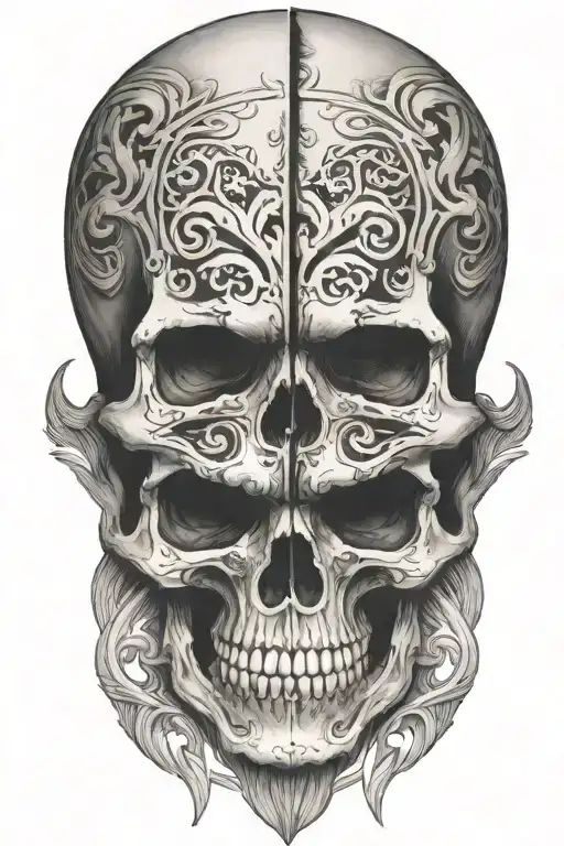 skulls facing away from eachother rotate 90 degrees tattoo design idea