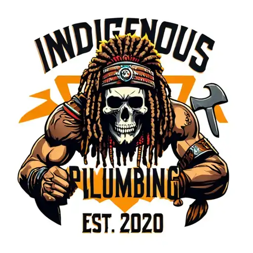 "INDIGENOUS PLUMBING EST.2020" skull dreadlock Native American warrior holding wrench with axe tattoo design idea