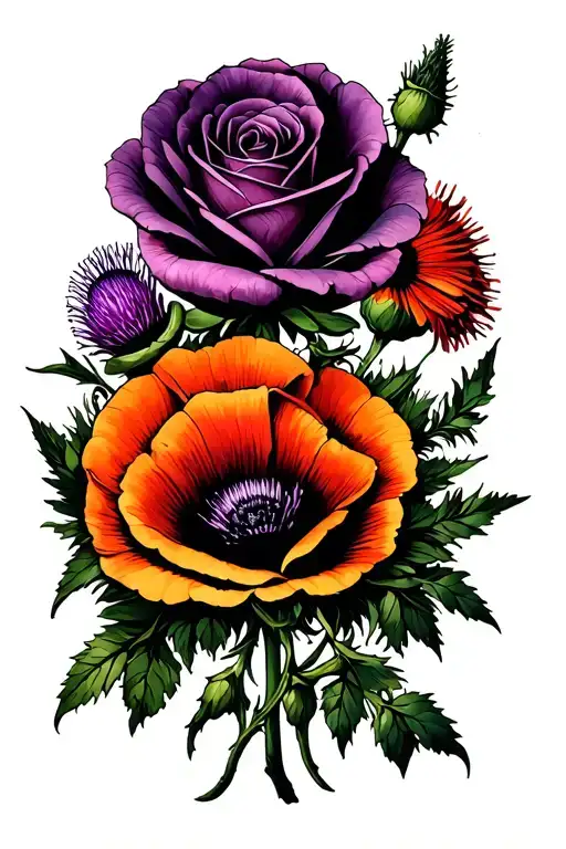 tattoo for inner bicep. Incorporates English rose, Scottish thistle, Jewish squill, poppies, Jasmine flower. Should burs tattoo design idea