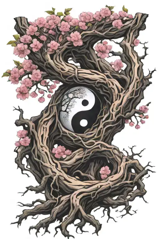 ying yang in cherry blossom tree roots spreading tattoo design idea