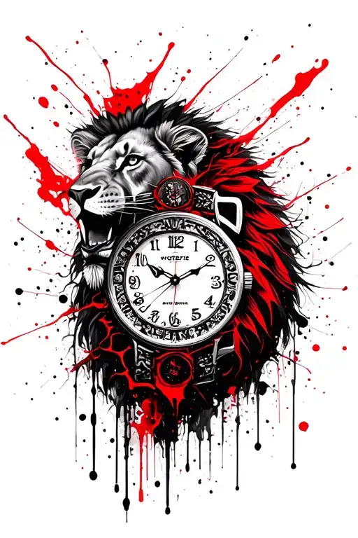 lion head and timepiece merging tattoo design idea