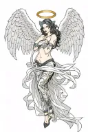 Sexy Angel, pale skin, Big breasts, Wide Hips, Angel wings, Halo, Bondage outfit, Seductive, Sexual, Full Body view  tattoo design idea