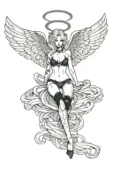 Sexy Angel, pale skin, Big breasts, Wide Hips, Angel wings, Halo, Bondage outfit, Seductive, Sexual, Full Body view  tattoo design idea
