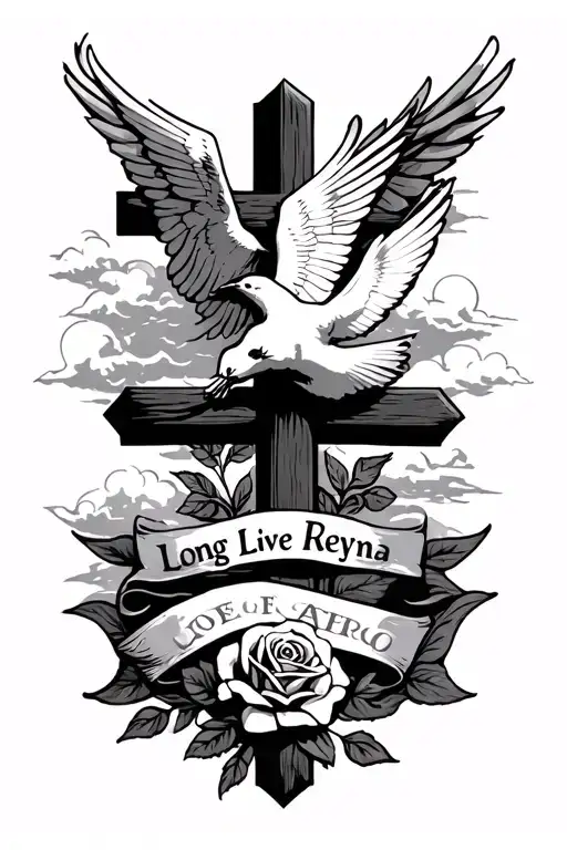 i wanted a cross with clouds and a banner saying “Long Live Reyna” with a dove and a rose  tattoo design idea