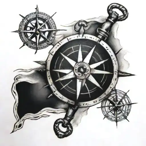 map, anchor and compass tattoo design idea