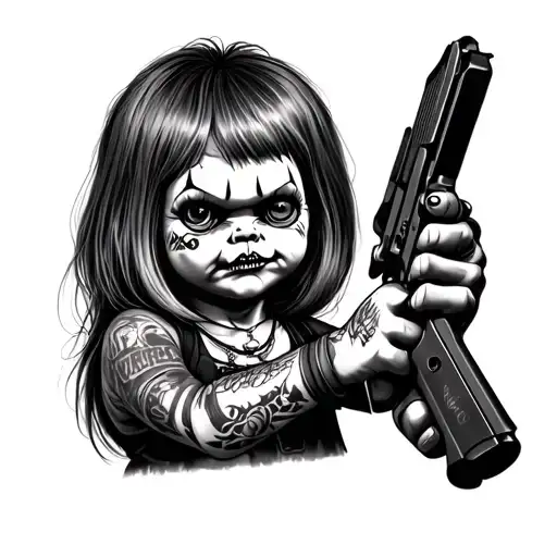 female Chucky with bang hairstyle holding a gun tattoo design idea